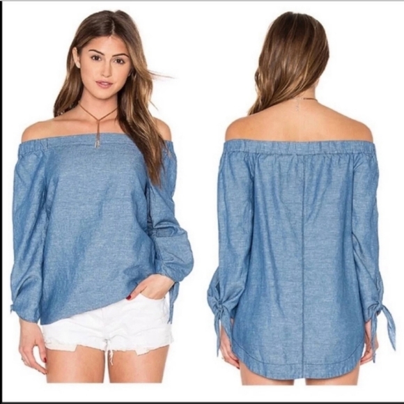 Free People Off Shoulder Chambray Top with Tie Sleeves, Size Medium - Picture 1 of 5